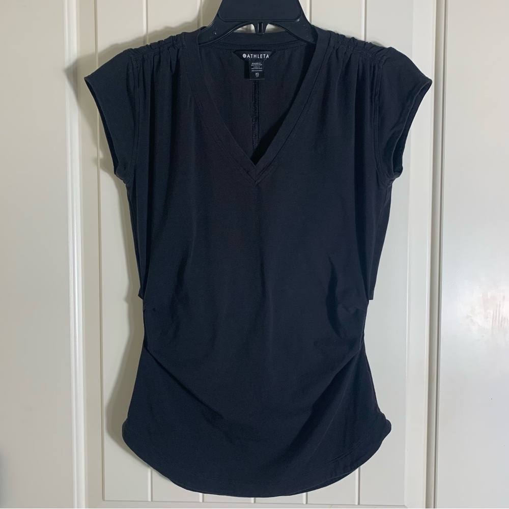 Athleta Black Short Sleeve V-Neck Cinched waist Tee Size XS
